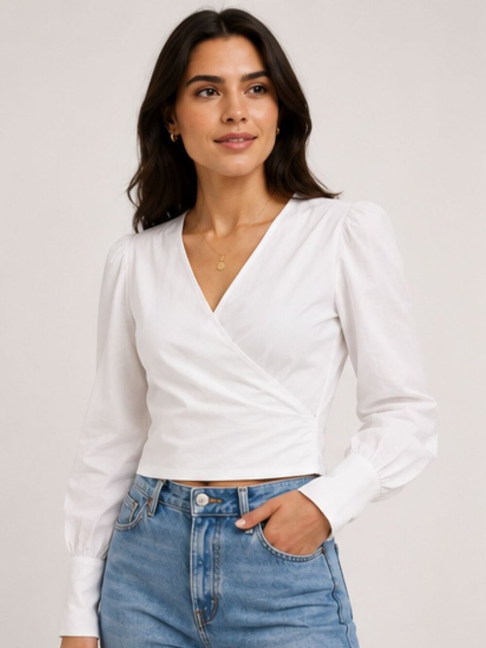 Zara White Cotton Wrap Crop Blouse | Size Small